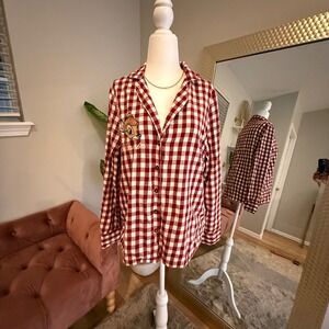 Disney Bambi Womens Plaid Button Down Shirt Primark Medium Sleepwear Pajama Top